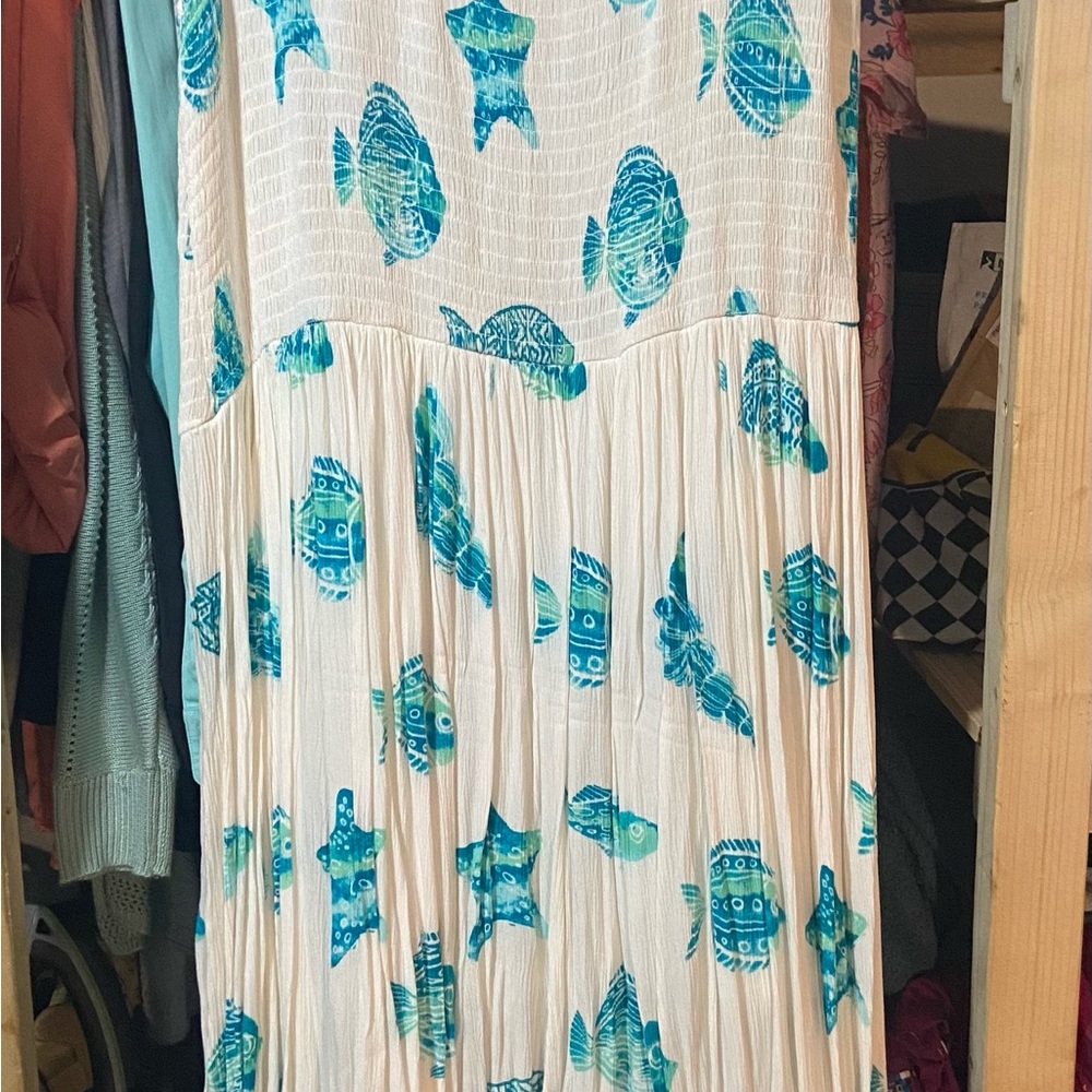 Kaktus Cream Maxi Dress with Blue Sea Life Pattern